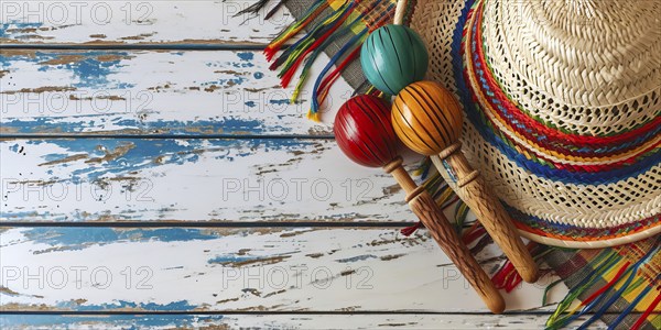 Mexico festive wooden background with sombrero, serape and maracas in flat lay view, AI generated