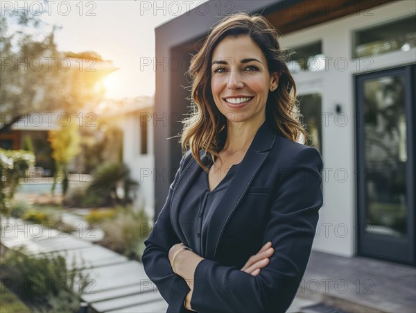 Successful realtor standing in front of modern luxury real estate she sold for upscale clients, AI generated