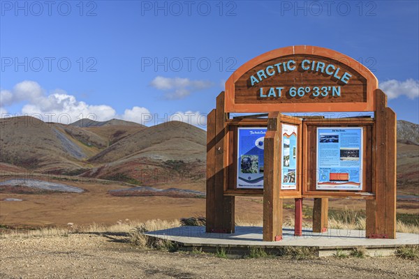 Sign, information board, Arctic Circle, autumn, sunny, Dempster Highway, Yukon, Canada, North America