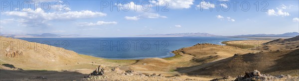 Panorama, mountain landscape with Lake Song Kul, Naryn region, Kyrgyzstan, Asia