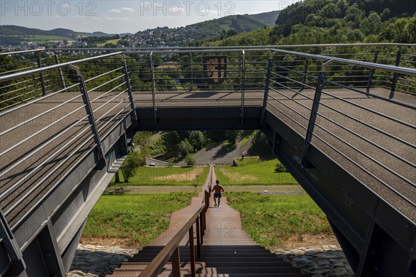 The Hennesee, Hennetalsperre in the Sauerland, Himmelstreppe, 333 steps climb 60 metres to the top of the dam, Hochsauerlandkreis, near Meschede, North Rhine-Westphalia, Germany, Europe