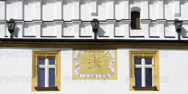 Sundial on the wall of Litomerice old town hall, Litomerice, Bohemia, Czech Republic, Europe