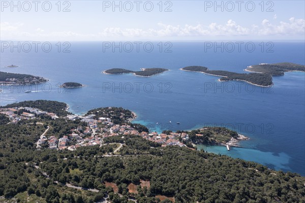 Aerial view, Pakleni or Paklinski Islands off the island of Hvar, Dalmatia, Croatia, Europe