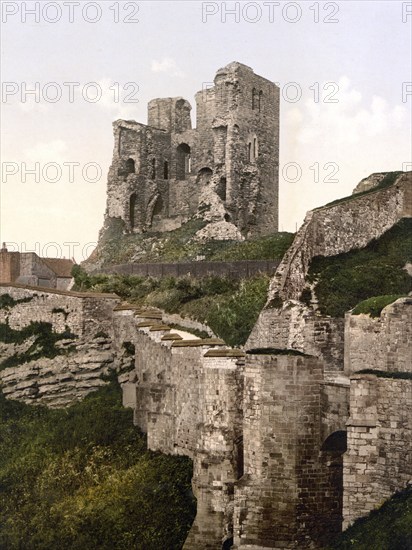 The fortified tower of Scarborough Castle, Yorkshire, England, the fortified tower of Scarborough Castle, Historical, digitally restored reproduction from a 19th century original, 1880, Record date not stated