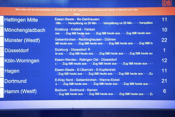 Essen main station, display board informs about cancelled train connections, partly full closure of rail traffic, due to the onset of winter with lots of fresh snow and temperatures below -5 degrees during the day, Essen, North Rhine-Westphalia, Germany, Europe