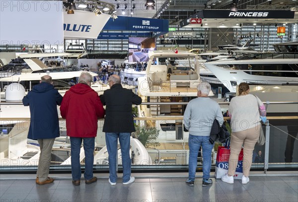 Large yachts, luxury yachts, in Hall 6 of BOOT 2024, the world's largest yacht and water sports trade fair in Düsseldorf, North Rhine-Westphalia, Germany, Europe