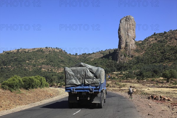 Amhara region, stele-like vulture rock near the town of Gondar, country road, Ethiopia, Africa