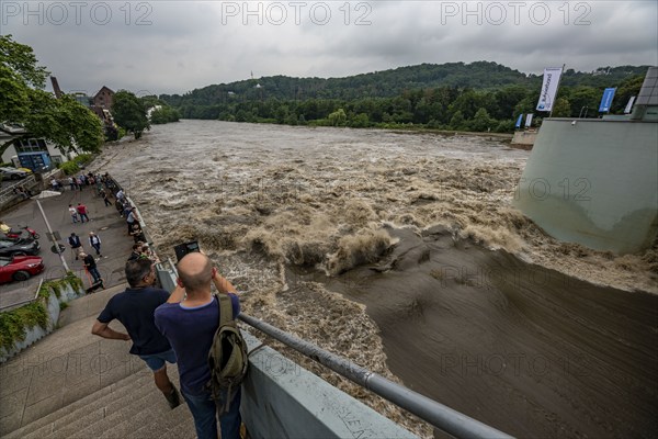 Weir of the Lake Baldeney in Essen, the masses of water roar through the open weirs, high water on the Ruhr, after long heavy rains the river came out of its bed and flooded the landscape and villages, the highest water level ever measured, North Rhine-Westphalia, Germany, Europe