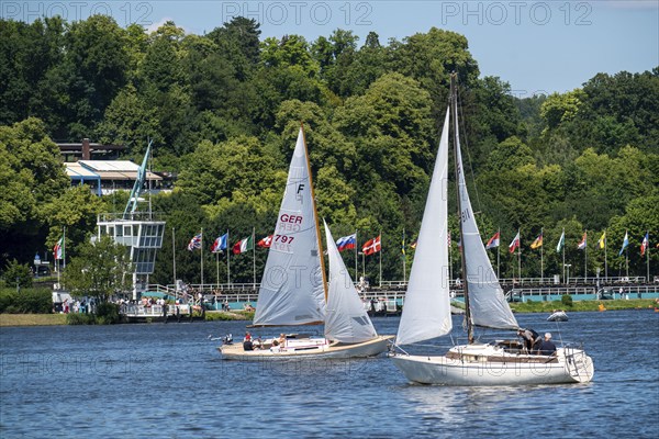 Lake Baldeney, reservoir of the Ruhr, regatta tower, regatta grandstand, Essen, North Rhine-Westphalia, Germany, Europe