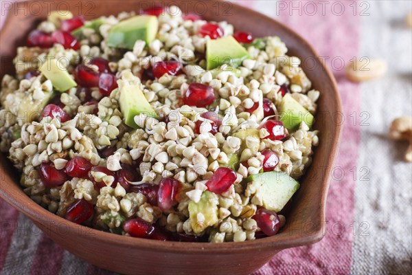 Salad of germinated buckwheat, avocado, walnut and pomegranate seeds in clay plate on white wooden background. Side view, close up, selective focus