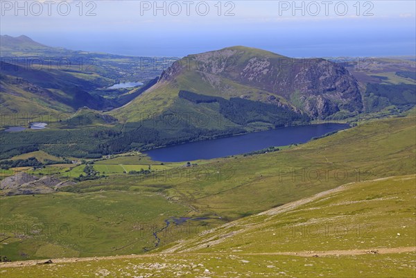 Llyn Cwellyn landscape from Mount Snowdon, Gwynedd, Snowdonia, north Wales, UK