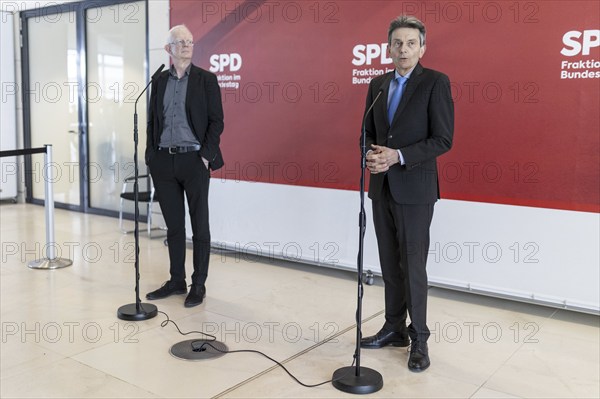 Rolf Mützenich, SPD parliamentary group chairman and Ali von Wangenheim, press spokesman, recorded as part of a press statement in front of the parliamentary group meeting of the SPD parliamentary group in the German Bundestag in Berlin, 9 April 2024