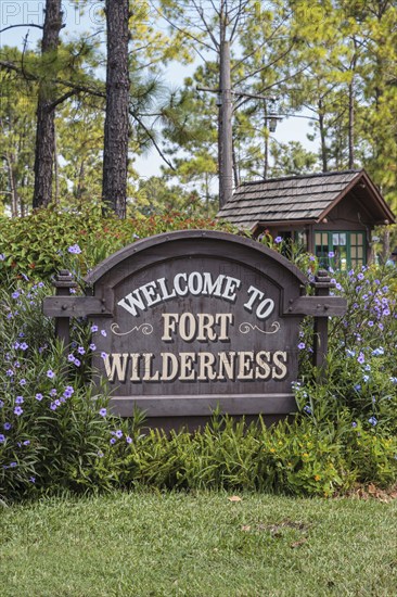 Welcome sign at entrance to Fort Wilderness campground at Walt Disneyworld in Orlando, Florida, USA, United States, North America