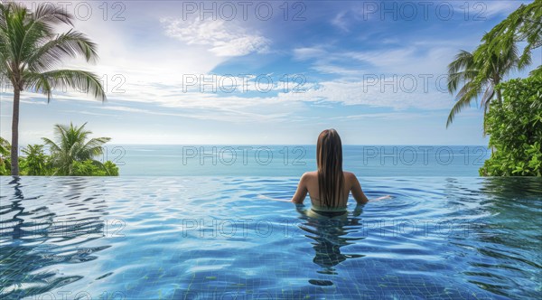 Woman swimming in infinity pool on Caribbean vacation looking at ocean scenic landscape, AI generated