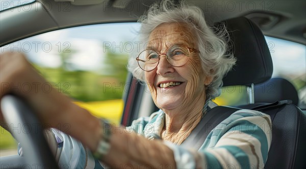 A happy senior woman in glasses is driving a car and smiling, AI generated