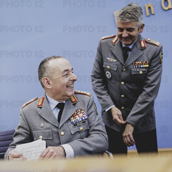 (L-R) General Carsten Breuer, Inspector General of the Bundeswehr, and Lieutenant General Alexander Sollfrank, Commander of the Joint Support and Enabling Command (JSEC), at a federal press conference on the military exercise 'Quadriga' in Berlin, 22 April 2024