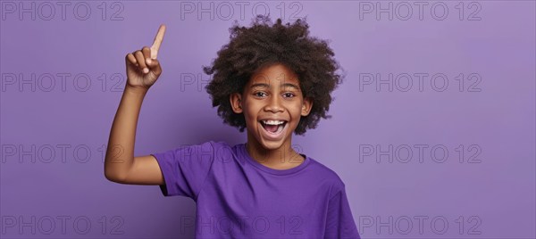 Young attractive black male pointing finger at copy space. Promo and advertisement discount concept, AI generated