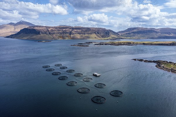 Floating cages of a salmon farm, sea between Isle of Ulva and Isle of Mull, Mt. Ben More (Mull) in the back, Aerial view, Scotland, UK