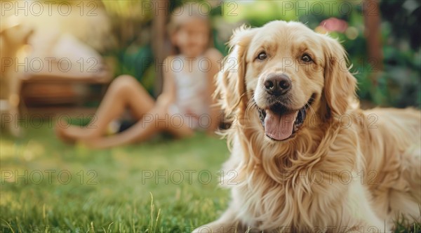 Happy smiling family with children playing with a golden retriever at home lawn, AI generated