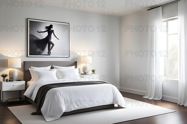 Empty modern bedroom with a large, plush bed covered in white linens, a single framed artwork on the wall, and natural light filtering through sheer curtains, AI generated