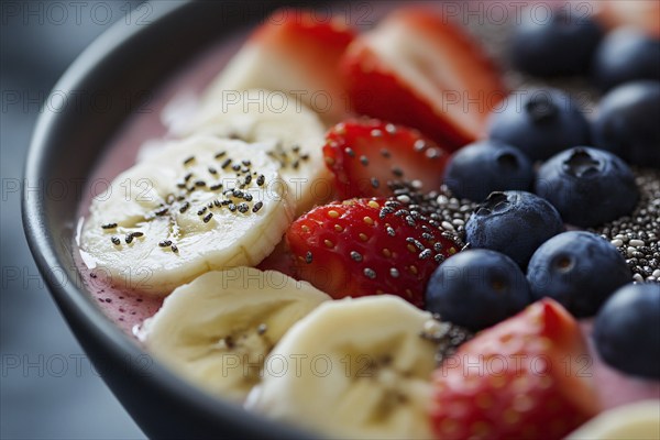 Close up of healthy breakfast bowl with yoghurt, chia seeds and fresh fruits. Generative Ai, AI generated