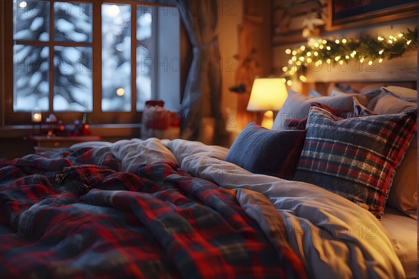 Cozy winter bedroom with flannel sheets, holiday throw pillows, with a warm glow filling the room, AI generated