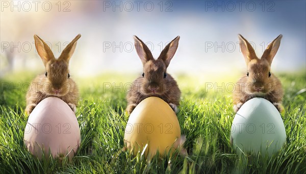 Three bunnies as Easter bunnies with colourful Easter eggs in fresh green grass, AI-generated image, AI generated