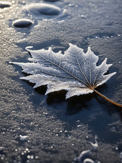 Delicate leaf resting on the surface of a frozen puddle, with intricate ice crystals forming beneath it, captured in soft, natural light, AI generated