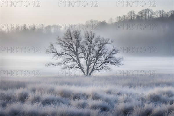 Bare tree branch covered in frost, isolated against a foggy, white winter landscape, AI generated