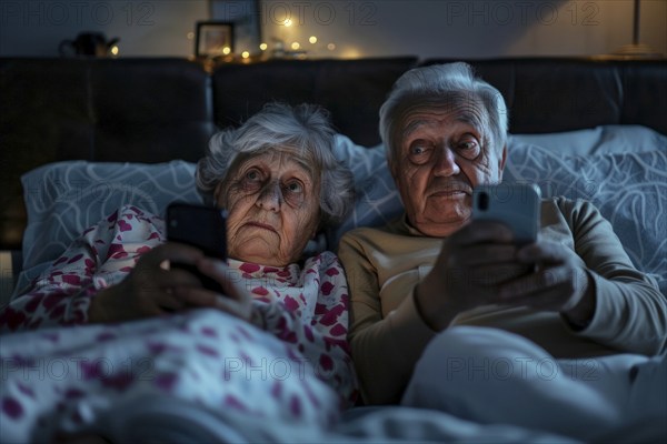 An elderly couple lie amused in their marital bed in their bedroom, looking at their smartphones together, symbolic image for senior citizens in dealing with modern, digital communication technology and information technology, media competence, AI generated, AI generated, AI generated