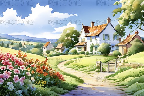 AI generated illustration of colorful countryside houses nestled in a spring or summer scenery with blooming flowers