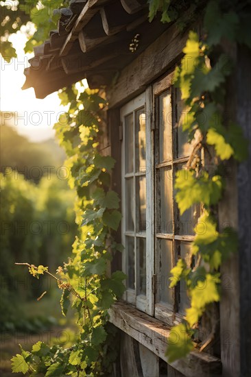 AI generated close up of a rustic vineyard cottage nestled amidst lush summer colored vine leaves