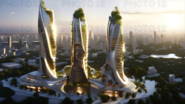 Futuristic skyscraper with termite mounds for natural ventilation and energy efficiency, AI generated