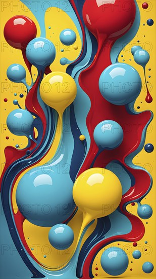 Abstract image with vibrant blue and red blobs and liquid shapes on a yellow background, AI generated