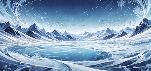 Abstract illustration of dreamy, icy landscape with swirling blues, whites, and silvers, evoking the feeling of a cold winter's breeze, AI generated