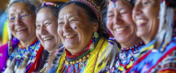 Smiling native indigenous people of Canada dressed in colorful native clothes, AI generated