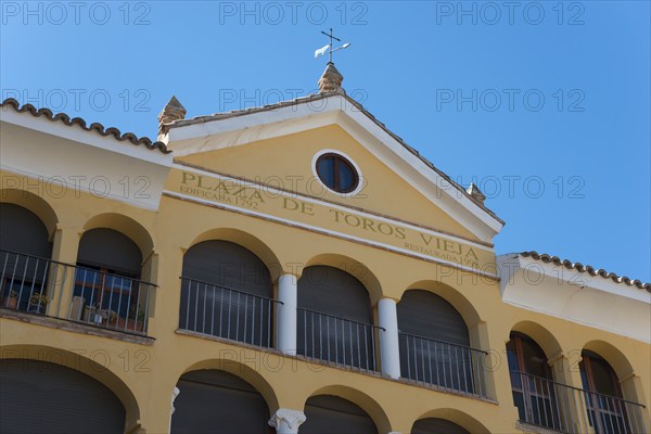 Close-up of the façade of the Plaza de Toros with inscription and balconies, bullring, Plaza de Toros Vieja, Zaragoza, Aragon, Spain, Europe