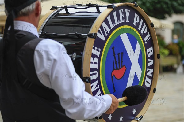 Big drum by bagpipers, bagpipe orchestra, pipe concert, Sigmaringen, Baden-Württemberg, Germany, Europe