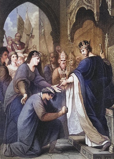 John submits to his brother King Richard I while their mother Eleanor of Aquitaine looks on. From The National and Domestic History of England by William Aubrey, published in London around 1890, Historical, digitally restored reproduction from a 19th century original, Record date not stated