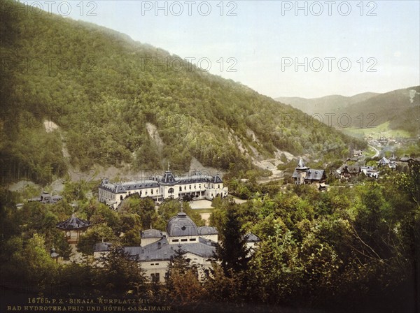 Spa square with hydrotherapeutic baths and Hotel Karaimann, Sinaia, Romania, View from 1885, Historical, digitally restored reproduction from a 19th century original, Record date not stated, Europe