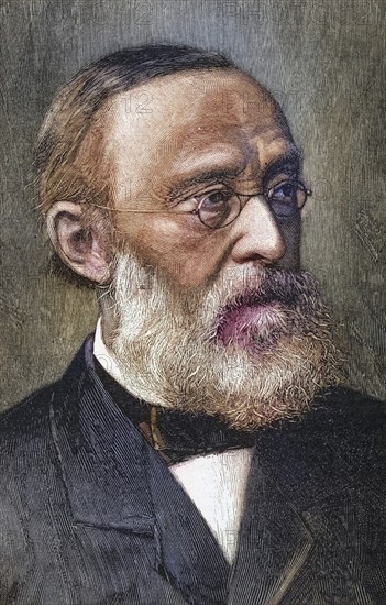 Rudolf Virchow (1821-1902) was a German pathologist and founder of cell pathology. He later devoted himself to anthropology and archaeology and worked with Schliemann on the excavations at Troy. Copperplate engraving from La Science Illustree (Paris, 1892), Historical, digitally restored reproduction from a 19th century original, Record date not stated