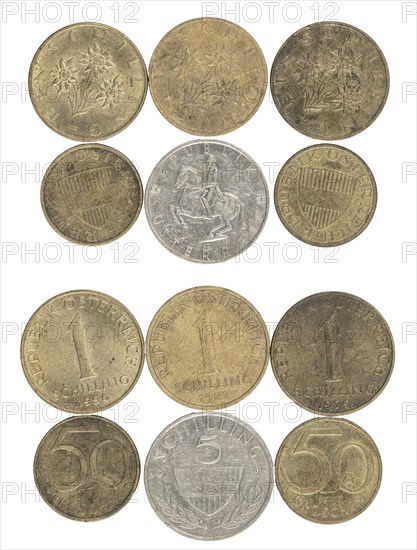 Collection of various Austrian coins, schillings and groschen, circulation money, obverses and reverses