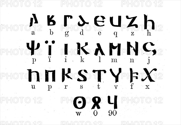 The Gothic alphabet, alphabetical script developed by the Gothic bishop Wulfila in the 4th century to translate the New Testament into the Gothic language, illustration from 1880, historical, digital reproduction of an original from the 19th century