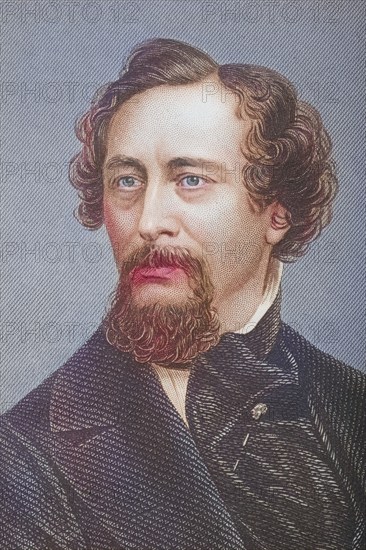 Charles John Huffam Dickens, 1812-1870, English novelist. Painted by DJ Pound after a photograph by Mayall, Historic, digitally restored reproduction from a 19th century original, Record date not stated