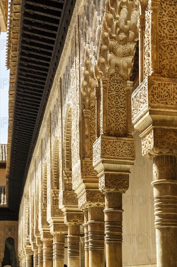 Colonnade, stone columns, arabesque Moorish architecture, Courtyard of the Lions, Nasrid Palaces, Alhambra, Granada, Andalusia, Spain, Europe