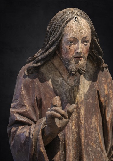 Head of Christ, detail of the Palmesel, wooden figure around 1520, on a dark background, Diözesan Museum, . Rottenburg, Baden-Württemberg, Germany, Europe