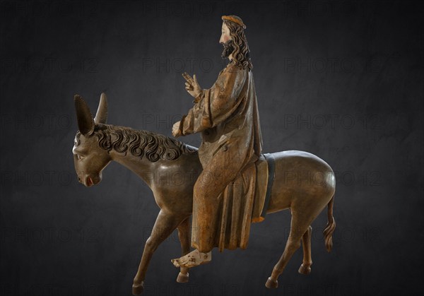 Palm donkey, detail of donkey's head, wooden figure from 1470, on dark background, Franciscan Museum, Villingen, Baden-Württemberg, Germany, Europe