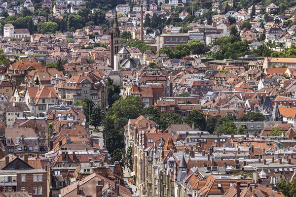 City view of Stuttgart. View of the roofs and facades of Stuttgart-Süd with Liststraße and Matthäuskirche. Stuttgart, Baden-Württemberg, Germany, Europe