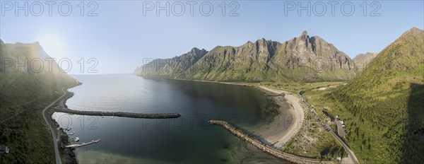 Panoramic aerial view of campsite at beach Ersfjordstranden, fjord Ersfjord, golden restroom, Senja island, Troms, northern Norway, Norway, Europe