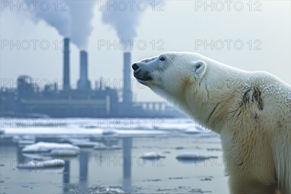 Climate change, global warming and environmental pollution. Polar bear animal extinction, AI generated